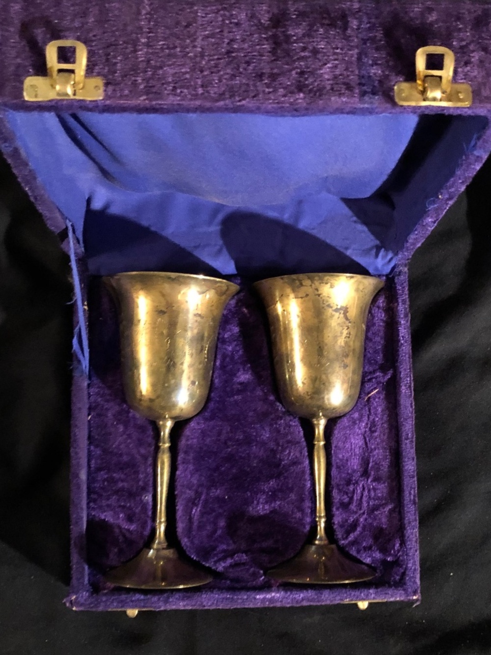 Vintage etched Brass Wine Goblets In Purple Velvet Case 7.5 “